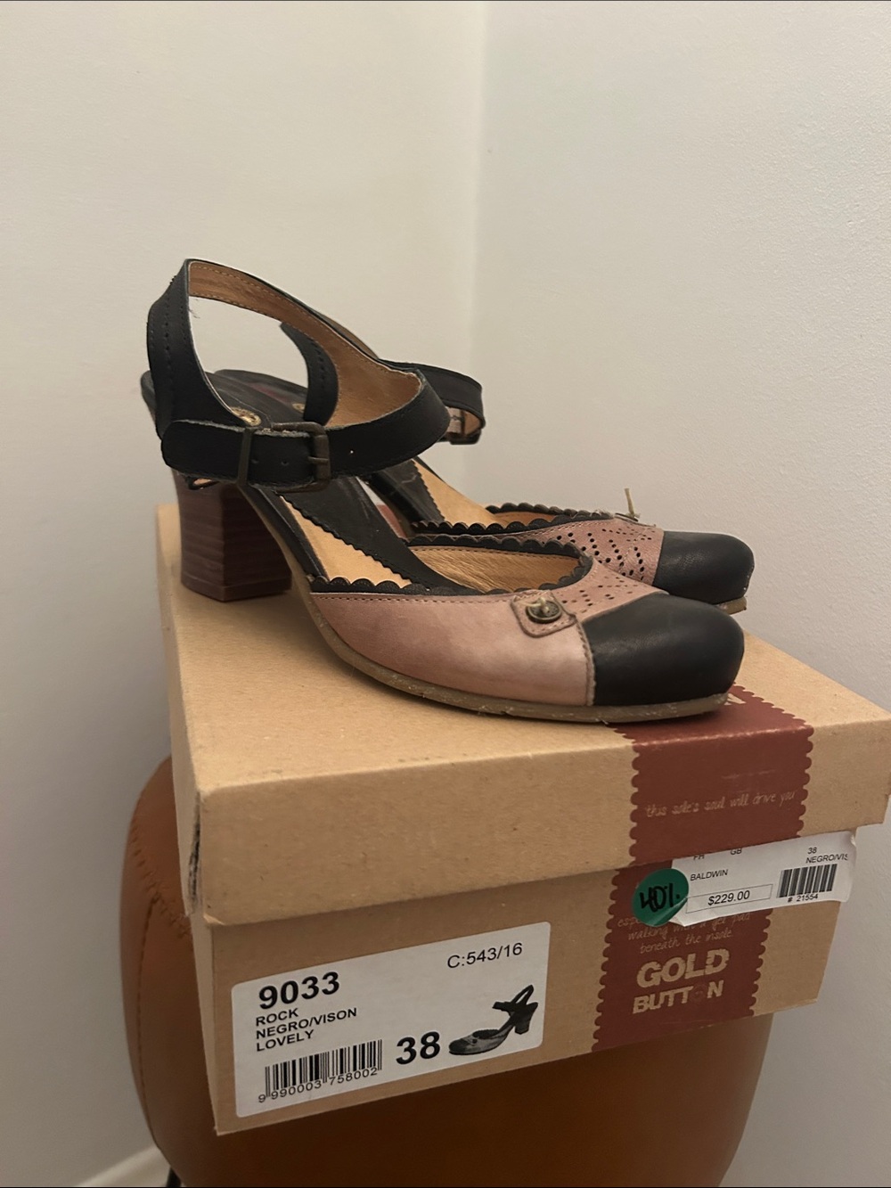 baldwin Two-Tone Black and Taupe Mary Jane Block Heel